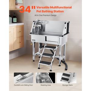 Estación de Lavado para Perros de 34 Pulgadas de Acero Inoxidable para Mascotas Pequeñas, Uso Doméstico, Fregadero para Aseo de Mascotas con Grifo de Agua Fría y Caliente y Cabezal de Ducha - Product Image 2