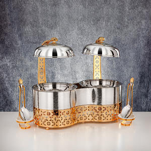 Calentador de Comida Tipo Buffet Doble Redondo de Lujo en Plata y Oro con Base Cortada con Láser y Tapas Colgantes para Catering de Bodas - Product Image 2