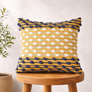 Tufted Boho Cushion Cover with <b>Navy</b> Geometric Pom Detail, Decorative Woven Throw <b>Pillow</b>, Premium Bohemian Accent for Sofa - Product Image 2