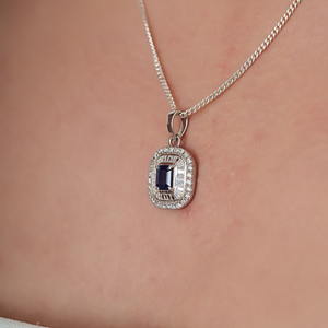 Pendentif double grappe en or blanc 14 carats avec saphir bleu et diamants, pierre de naissance de septembre, bijoux fins, prix usine personnalisé - Product Image 4
