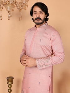 Ensemble Kurta Pajama brodé pour homme, coupe classique, idéal pour les mariages et les fêtes traditionnelles, disponible chez Samp Corporation - Product Image 4