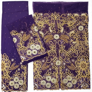 Tela de Encaje George con Cuentas Moradas y Bordado Dorado |   Conjunto de Novia Nigeriano de Lujo para Boda - Product Image 1