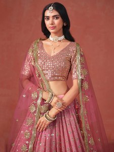 Pink Embroidered Organza Lehenga With <b>Sequined</b> Detailing V-Neck Short Sleeve Floor-Length Bridesmaid Dress A-Line Silhouette - Product Image 6