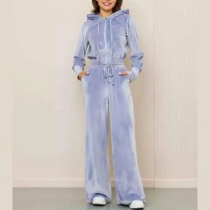 OEM Factory Autumn Casual 100% Cotton Brushed Fleece <b>Full</b> <b>Zip</b> <b>Hoodie</b> Wide Leg Sweatpants Embroidery Custom Hip Hop Tracksuit Set - Product Image 2