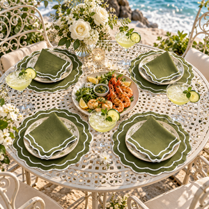 Ensemble de sets de table et serviettes en coton brodé vert olive chic, bordure festonnée, pour décorations de table rondes pour mariages et fêtes - Product Image 4