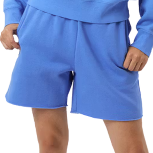 Shorts en molleton de coton bleu pour femme, taille élastique avec cordon de serrage, poches latérales, coupe décontractée, vêtements de détente, vente en gros, OEM - Product Image 3