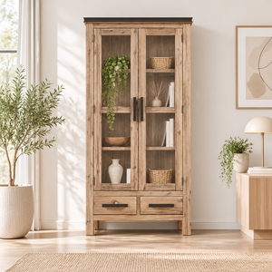 ATLAS Collection <b>Vintage</b> Style Acacia Wood Living Room <b>Cabinet</b>, Glass Door Display Storage For Home Decoration - Product Image 3