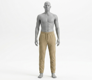 Pantalon de survêtement beige pour homme à taille élastique, en tricot double interlock 100 % polyester, poids moyen, respirant, écologique, séchage rapide, avec côtés contrastants - Product Image 1
