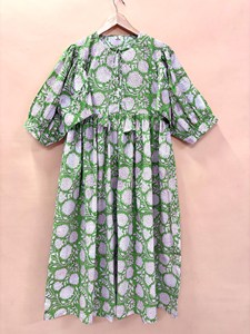 Vintage Green Floral Block Print Cotton Midi <b>Dress</b> with Puff Sleeves Tie-Neck <b>Loose</b> Fit Casual Summer <b>Dress</b> For Women - Product Image 3