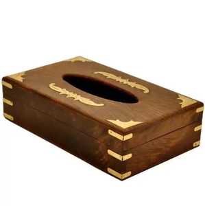 Wooden Tissue Box <b>Cover</b> With Brass Corner Accents Ornate Top Design Oval Opening Elegant Handcrafted Home <b>Table</b> Organizer - Product Image 1