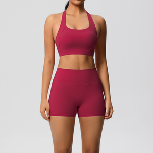 Conjunto de yoga sin costuras para mujer, top corto con cuello redondo y tirantes cruzados, pantalones cortos de cintura alta, conjunto deportivo de 2 piezas - Product Image 3