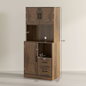 71\" Modern Farmhouse <b>Kitchen</b> <b>Pantry</b> Storage Cabinet with Microwave Oven Countertop Adjustable Brown Wood Shelves - Product Image 3