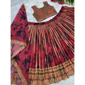 Hermoso Lehenga Choli y Dupatta de Poliéster para Fiesta con Estampado Digital Rojo Talla M Estilo Indio/Pakistaní Karma Fashion - Product Image 2