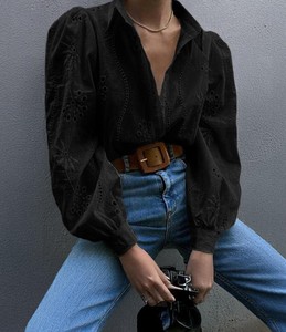 Chemise décontractée pour femme, style vintage, printemps-été, avec manches raglan, col rabattu, tissu tricoté, écologique, coupe classique - Product Image 3