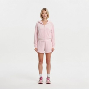 Women's Solid Pink Hooded Zip Up Sweatshirt And Shorts 2 Piece Set Long Sleeve Loose Casual Tracksuit - Product Image 2