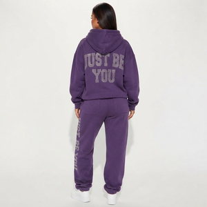 Survêtement oversize pour femme avec strass, 100 % polaire polyester, manches longues, épaules tombantes, pantalon large et sweat à capuche - Product Image 2