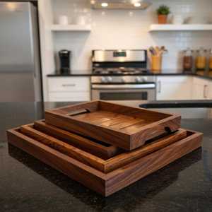 Ensemble de plateaux de service en bois faits à la main, style rustique en noyer, plateaux pour le petit-déjeuner, décoration de cuisine de style farmhouse, plateau de service en bois pour aliments - Product Image 4