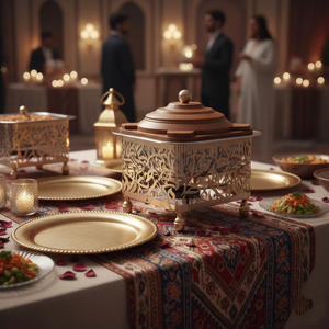 ถาดอุ่นอาหารทรงสี่เหลี่ยมลายฉลุพร้อมฝาปิดทรงปิรามิดไม้ทำมือและเคลือบทองเหลืองสำหรับงานจัดเลี้ยงบุฟเฟ่ต์สุดหรู - Product Image 6