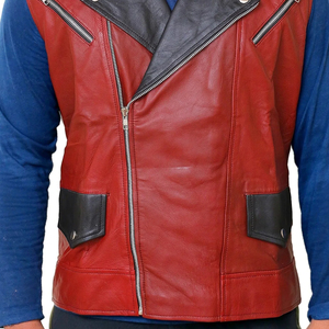 High Quality Premium <b>Men's</b> Red PU Leather <b>Vest</b> With <b>Black</b> Lapel Zipper Closure Moto Style Outerwear Autumn Wear Breathable - Product Image 6