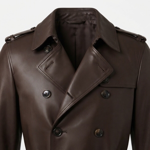 <b>Men's</b> Long Brown Leather <b>Trench</b> <b>Coat</b> With Belt Turn-down Collar Smart Casual Autumn Wear - Product Image 5