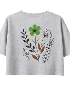 เสื้อยืดครอปปักลายดอกไม้สีเทาสำหรับผู้หญิง แขนสั้น ผ้าฝ้าย สไตล์ลำลอง เหมาะสำหรับฤดูร้อน ทรงหลวม แฟชั่นสตรีทแวร์ ขายส่ง - Product Image 2