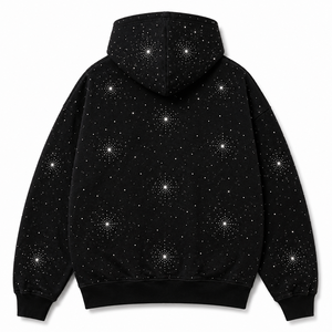 Sudadera con Capucha Negra para Hombre con Pedrería, Oversize, Casual, de Algodón Tejido, con Cremallera Frontal y Estampado de Estrellas, para Otoño - Product Image 2