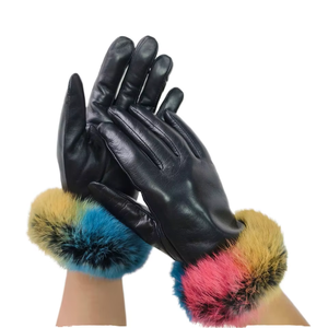 Gants d'hiver en cuir véritable de haute qualité avec fourrure de lapin, couleur beige, longueur poignet, compatibles écran tactile, écologiques, pour usage extérieur - HARAZ - Product Image 1