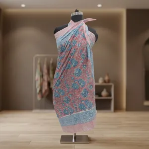 Pink Blue Floral Hand Block Printed Cotton Sarong Scarf with Decorative Border Lightweight <b>Beach</b> <b>Wrap</b> Stole for Women - Product Image 4