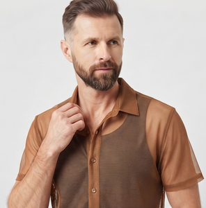 Chemise transparente à manches courtes pour homme, col rabattu, 100 % polyester, boutonnée, idéale pour les soirées en boîte de nuit - Product Image 4