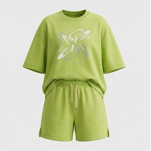 Women's 2 Piece <b>Knitted</b> <b>Set</b> Green Short Sleeve T Shirt and Above Knee Shorts Casual Loose Fit Crew Neck Foil Print Spring Summer - Product Image 1