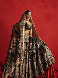 Elegant Black Embroidered Lehenga with Crop <b>Top</b> A-Line Floor-Length Modern Style Contrast Color Handwork Detailing Wrinkle Free - Product Image 5