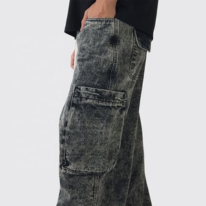Pantalon cargo en coton délavé coupe ample jambe large taille mi-haute avec cordon de serrage streetwear longueur intégrale couleur unie plusieurs poches - Product Image 5
