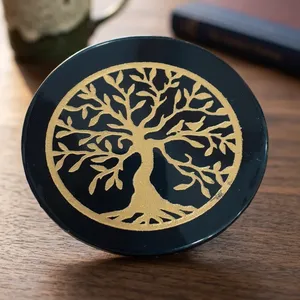 Disco Decorativo Circular de Ágata Negra Ecológico Hecho a Mano con Diseño del Árbol de la Vida Dorado para Decoración del Hogar, Práctica Espiritual Reiki - Product Image 4