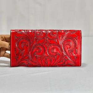 Handmade Genuine Leather Women's <b>Long</b> <b>Wallet</b> Red Embossed Vintage Style Open Closure Daily Use Venus Leathers Were Rajasthan - Product Image 3