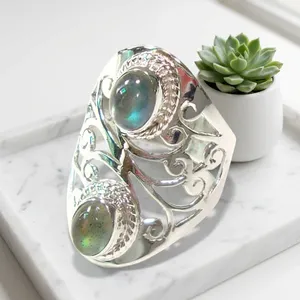 Anillo de Plata de Ley 925 con Labradorita, Hecho a Mano, con Doble Piedra, Estilo Vintage, Joyería de Filigrana para Mujer - Product Image 2