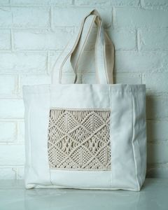 Sac fourre-tout bohème en coton pour femme avec panneau en macramé à motif losanges, écologique, léger et ouvert, sac à bandoulière de voyage pour tous - Product Image 1