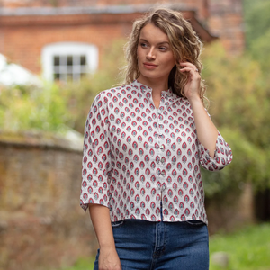 Elegant White Cotton Kurti with Traditional Red & Teal Paisley Print and Button-Down Mandarin Collar Design - Product Image 5