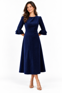 Vestido midi de pana azul marino para mujer con cuello redondo y mangas con volantes de tres cuartos - Product Image 2