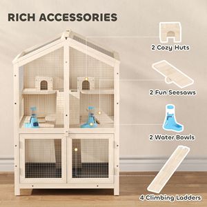 Gabbia Moderna per Criceti a 3 Livelli in Legno Grande 68 cm L x 61,5 cm L x 90 cm H con Vassoio Superiore Apribile e Dondoli - Taglia XS per Allevamento - Product Image 5
