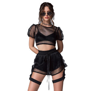 ชุดเซ็ตเสื้อครอปและกางเกงขาสั้นผ้าตาข่ายบางเบา ซีทรู เซ็กซี่ แห้งเร็ว สำหรับผู้หญิง - Product Image 1