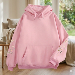 Sudadera con Capucha Rosa para Mujer, Bordado Floral, Manga Larga, Informal, Tejida, para Otoño - Product Image 1