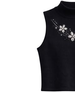 เสื้อกล้ามคอสูงสีดำแบบร่องสำหรับผู้หญิง ตกแต่งด้วยลายดอกไม้ประดับเพชร ไร้แขน เหมาะสำหรับฤดูร้อน ผลิตตามสั่ง - Product Image 2