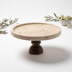 Moules à gâteaux en marbre avec base en bois d'acacia, faits à la main, rustiques, écologiques, compatibles lave-vaisselle, pour la présentation lors de mariages et de fêtes - Product Image 2