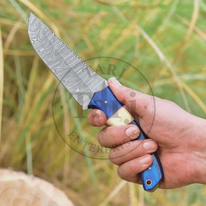 Couteau de chasse artisanal en acier Damas, manche en os et bois, lame fixe à bord droit, étui en cuir, couteau d'extérieur EDC - Product Image 3