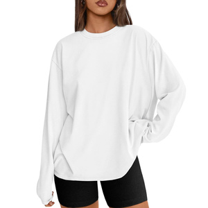 <b>Women's</b> <b>White</b> Oversized Crew Neck <b>Long</b> <b>Sleeve</b> <b>T</b>-<b>Shirt</b> Loose Fit 100% Cotton Jersey Knitted Solid Color Spring Wear Anti-Shrink - Product Image 4