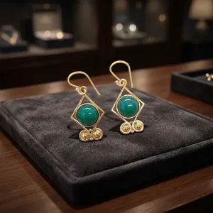 Boucles d'oreilles en onyx vert et laiton, bijoux bohèmes faits à la main, fournisseur en gros - Product Image 1