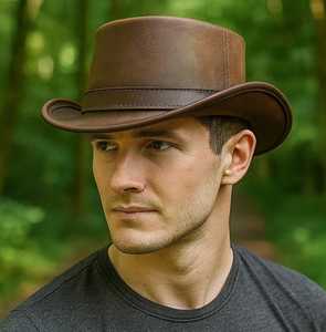 Premium Quality custom Handmade Brown Leather <b>Top</b> Hat Steampunk Cosplay Burning Man Victorian Style - Product Image 3
