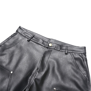 Shorts Bermuda décontractés pour homme en toile 100 % polyester noir, taille mi-haute avec poches, taille élastique, style motard, couleur unie - Product Image 3