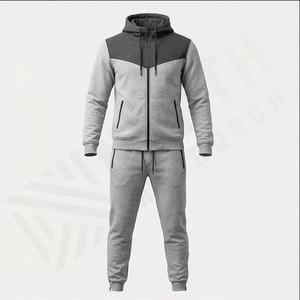 Ensemble de survêtement pour homme avec capuche et blocs de couleur, sweat-shirt à fermeture éclair intégrale et pantalon de jogging, tenue décontractée d'automne en polyester et coton - Product Image 1