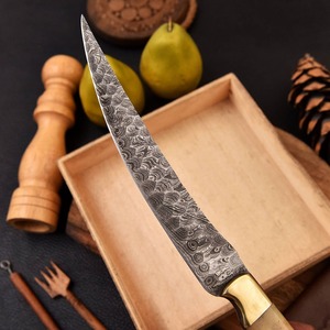 Custom Forged Damascus Steel Chef Fillet Kitchen <b>Knife</b> with Camel <b>Bone</b> <b>Handle</b> and Leather Sheath - Product Image 2